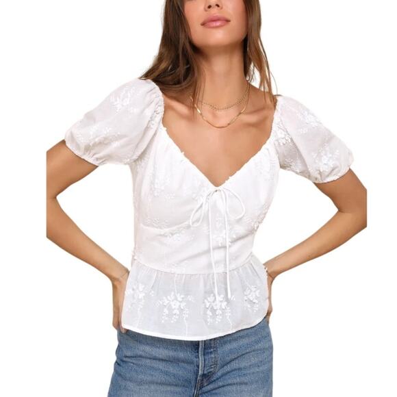 Lulus Meadow Moment White Floral Embroidered Puff Sleeve Top size XS NWT - Picture 1 of 7